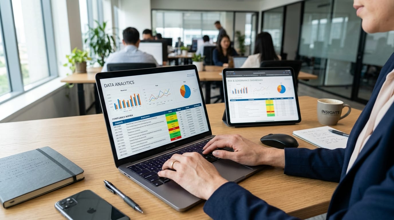 Professional business laptop displaying compliance analytics and digital procurement data charts