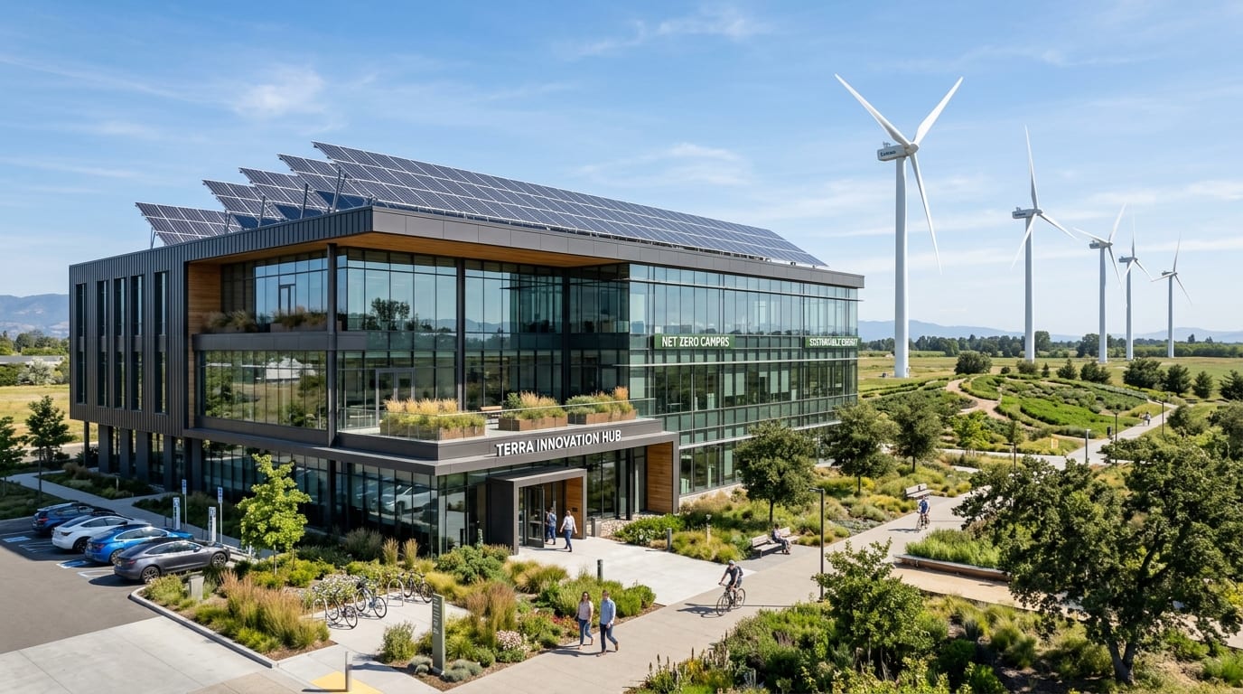Clean green infrastructure with modern solar panels and contemporary sustainable office architecture