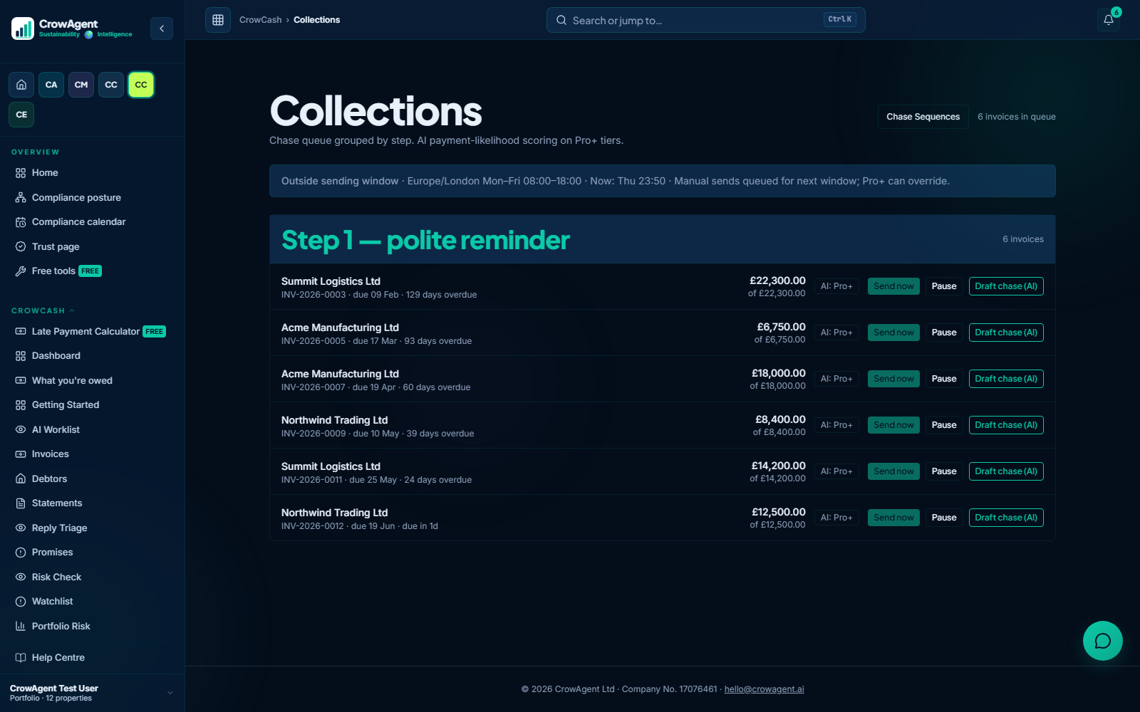 CrowCash aged-debt collections workflow