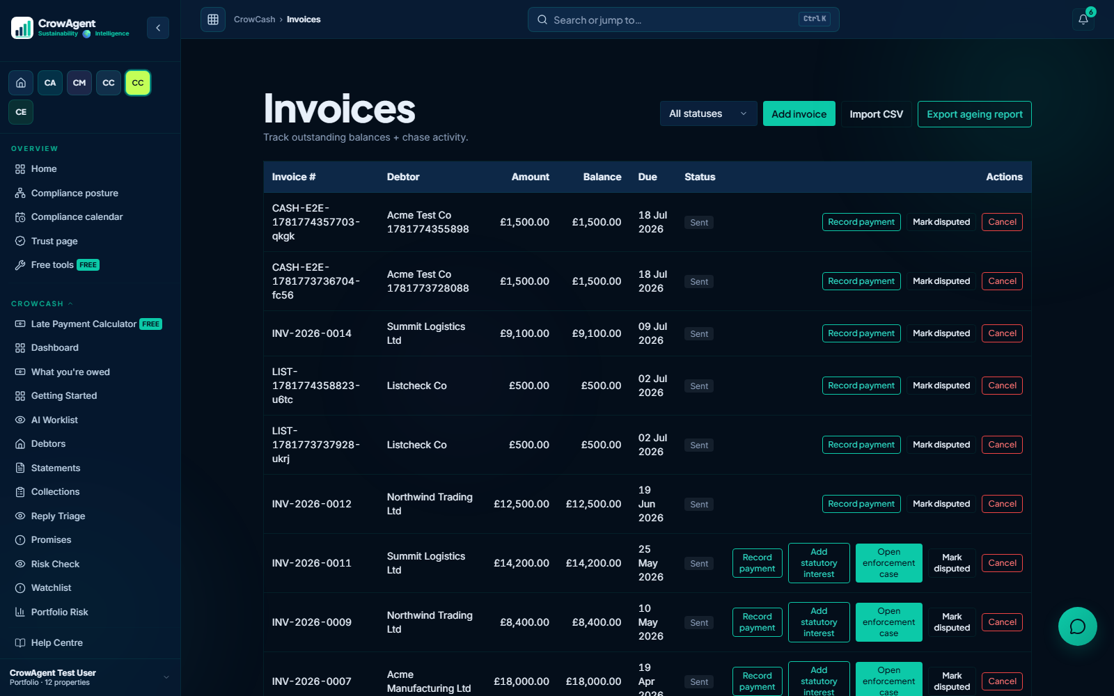 CrowCash invoice ledger with statutory interest