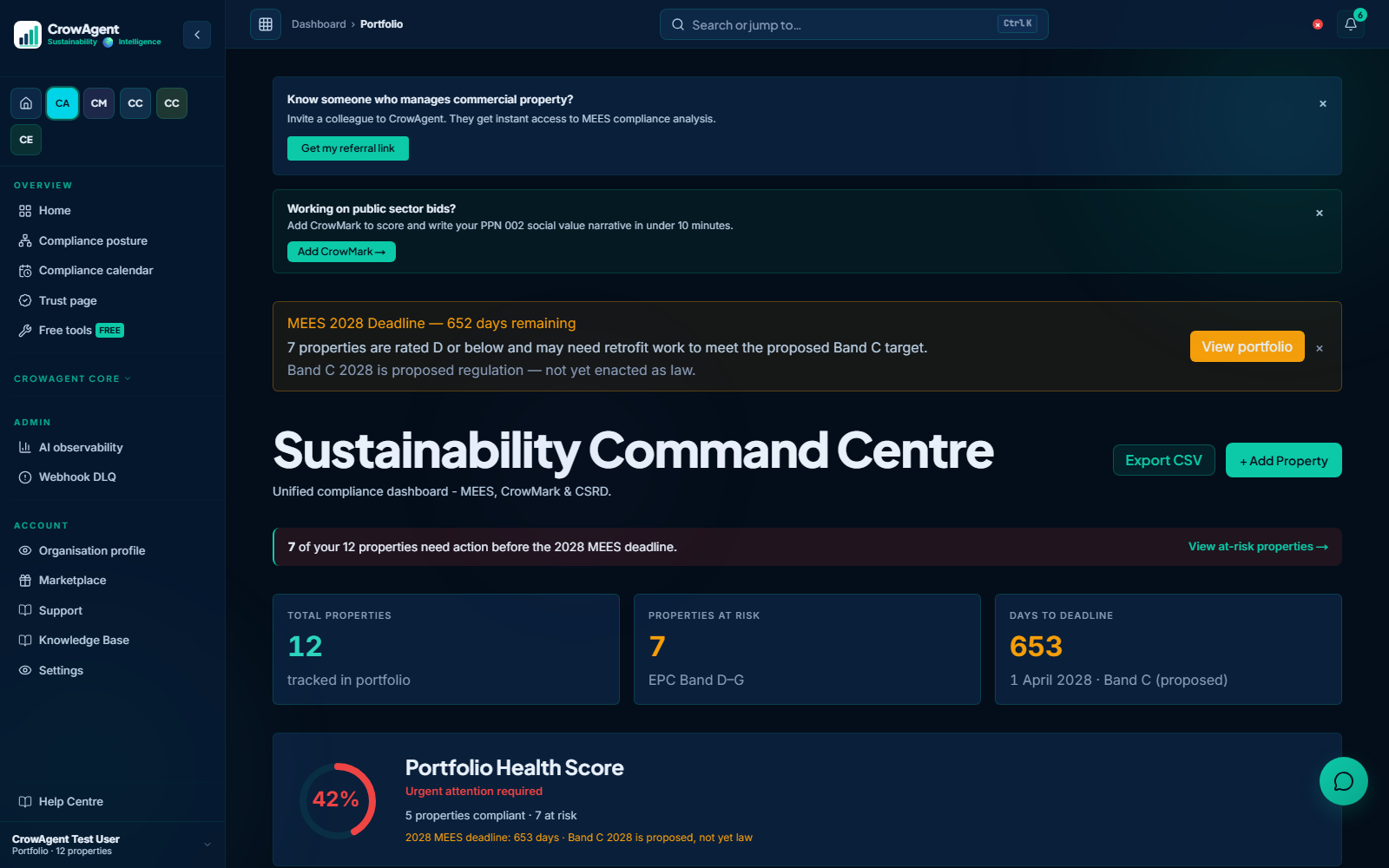 CrowAgent Core sustainability command centre