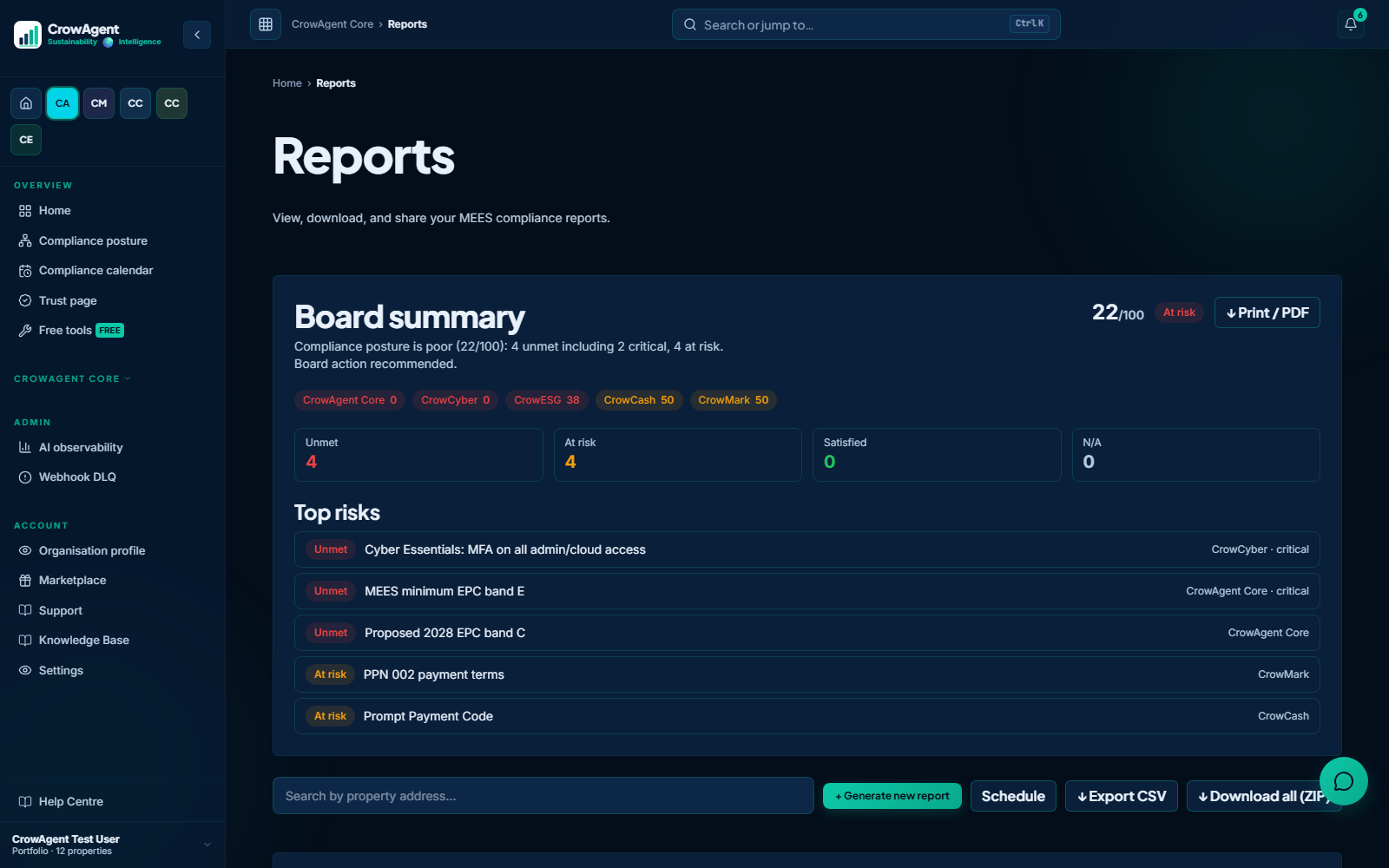 CrowAgent Core statute-cited compliance reports