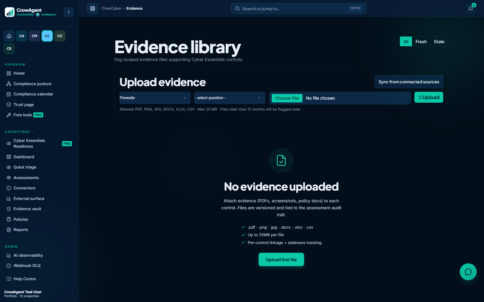 CrowCyber evidence library mapping each control to its supporting documents
