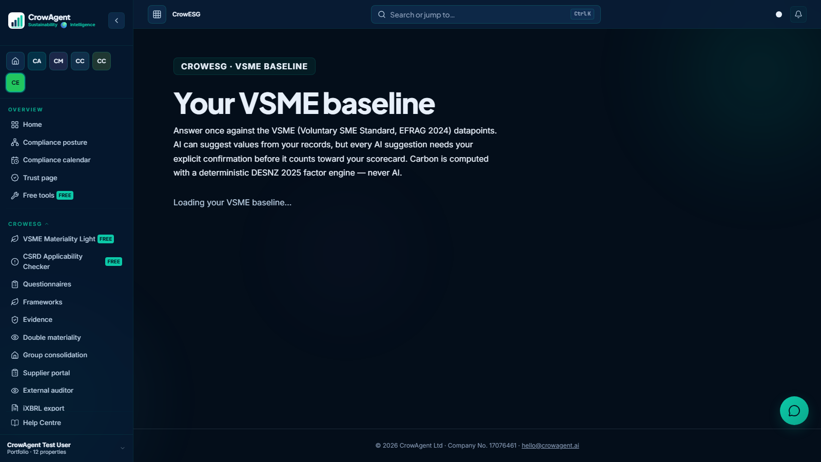CrowESG workspace showing VSME materiality matrix and module coverage