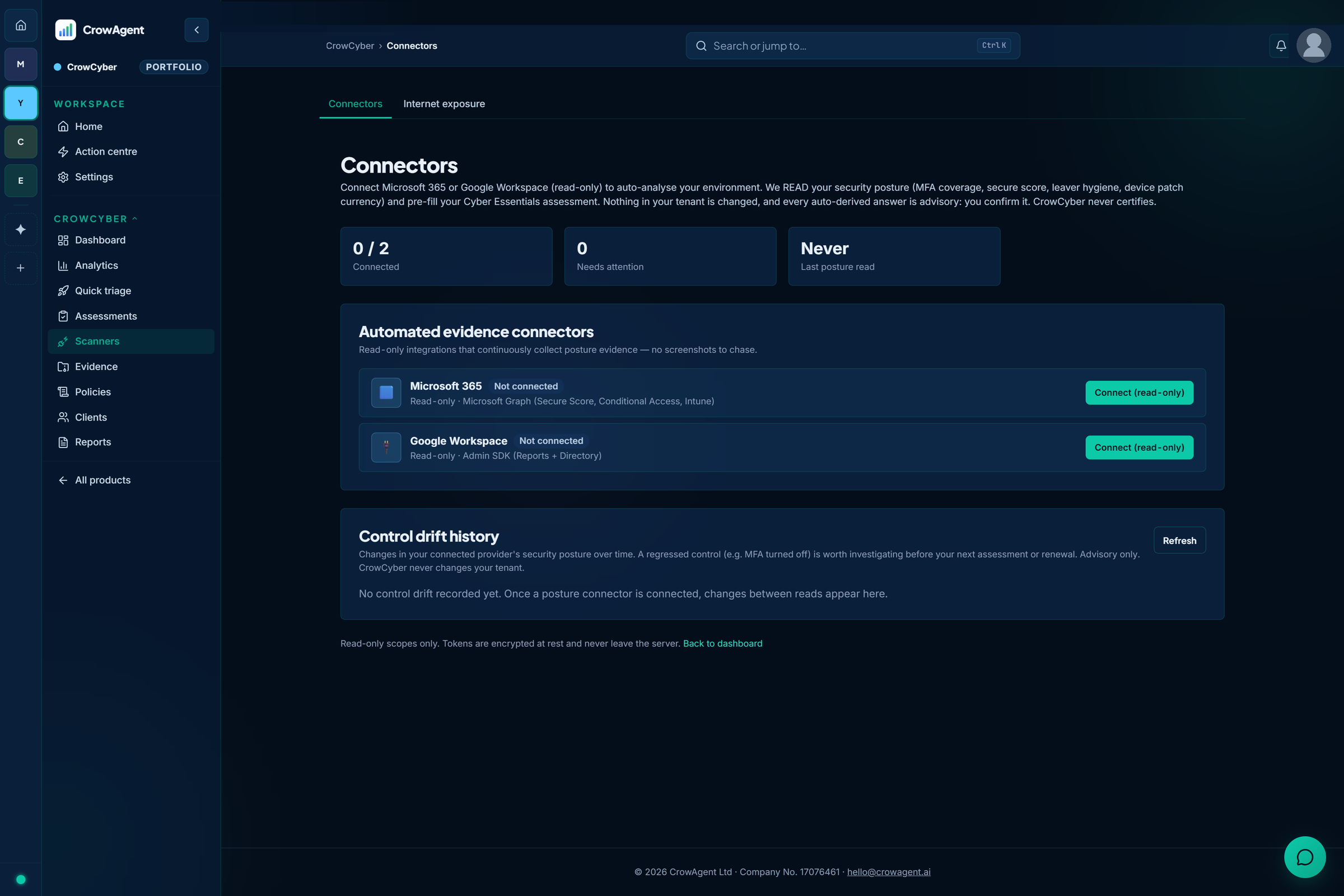 CrowCyber connectors screen listing read-only integrations that supply Cyber Essentials evidence