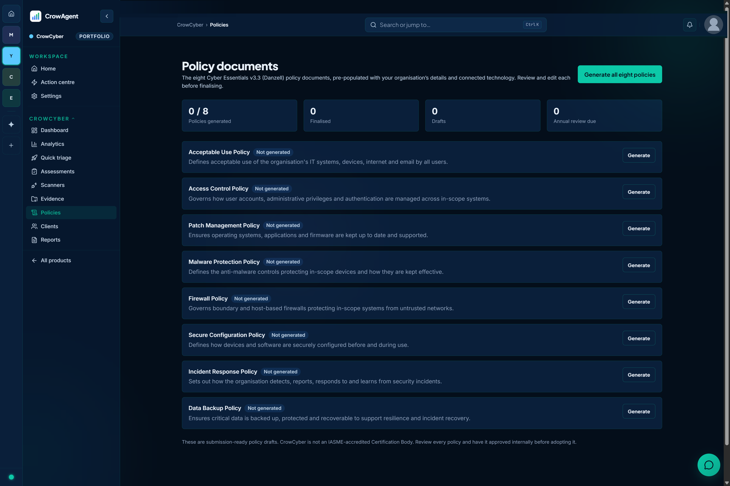 CrowCyber policies view mapping evidence to the five NCSC controls
