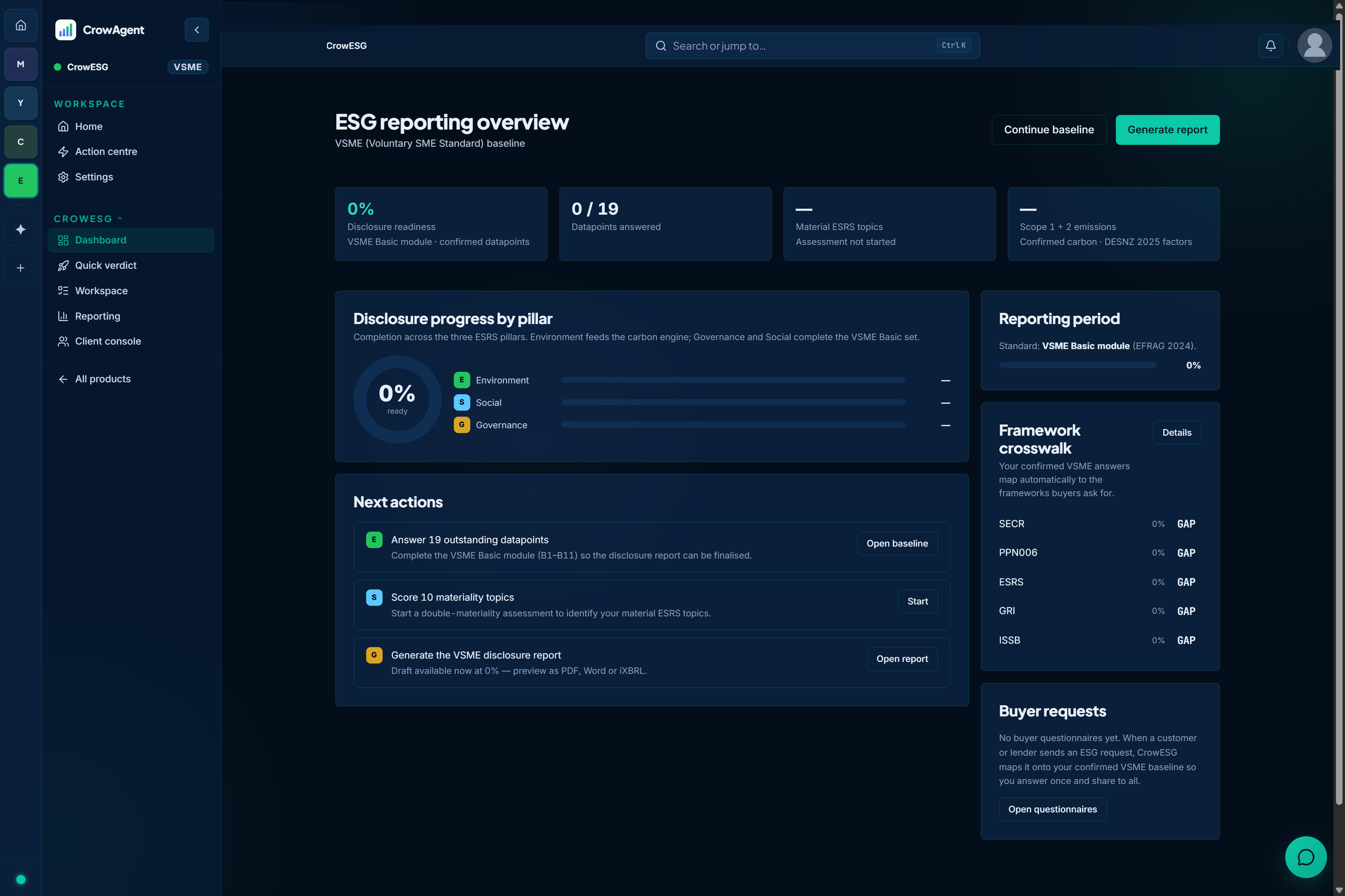 CrowESG overview showing carbon totals and framework coverage