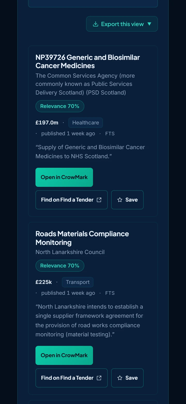 CrowMark on a phone, listing live Find a Tender notices including an NHS Scotland medicines contract and a North Lanarkshire Council roads framework.