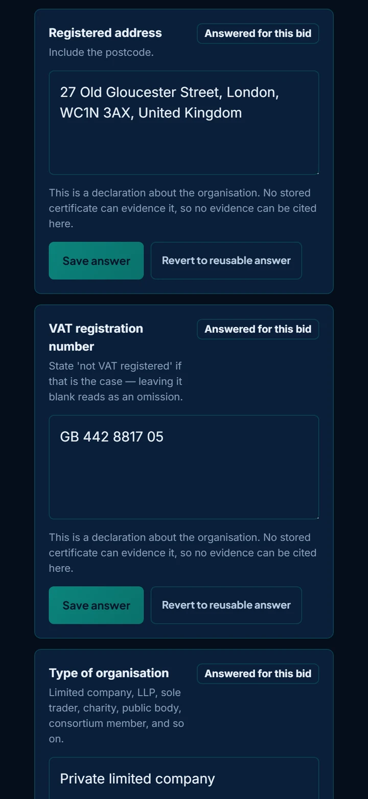 A selection questionnaire being answered on a phone in CrowMark, filled from the organisation's own approved answer set.