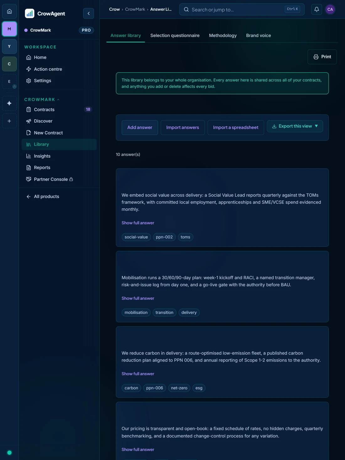 The CrowMark answer library on a tablet, holding reusable approved answers on social value, mobilisation, carbon reduction and open-book pricing.