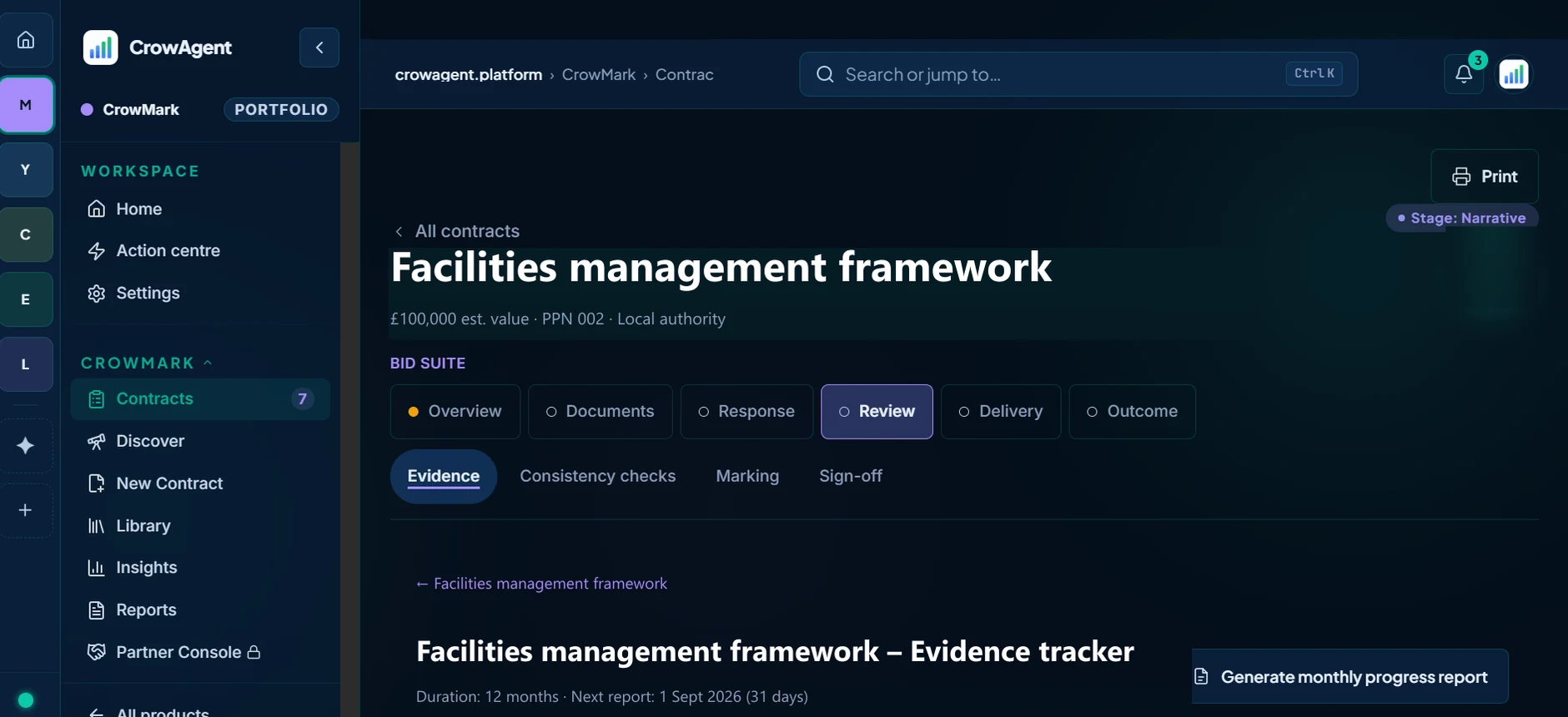 The CrowMark evidence tracker after award, showing the six stage bid suite, the reporting cadence and the monthly progress report control.