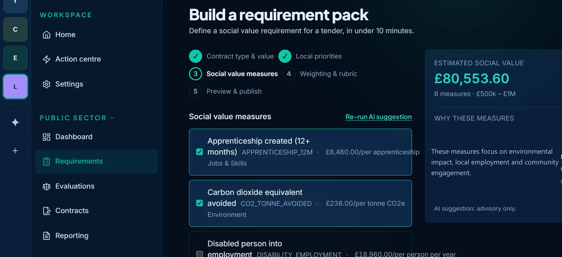 Building a social value requirement pack: National TOMs measures with their published proxy values and a running estimate.