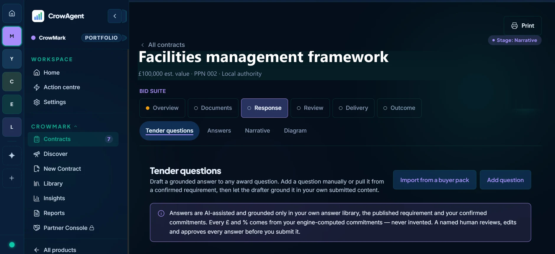 CrowMark award question drafting, showing the disclosure that answers are grounded only in your own answer library, the published requirement and your confirmed commitments.